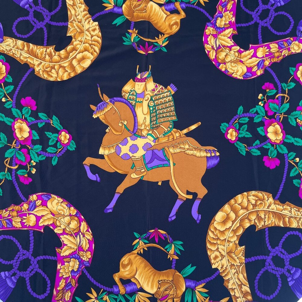 Authentic Hermes 90 vintage silk scarf. Asian artistic design.
